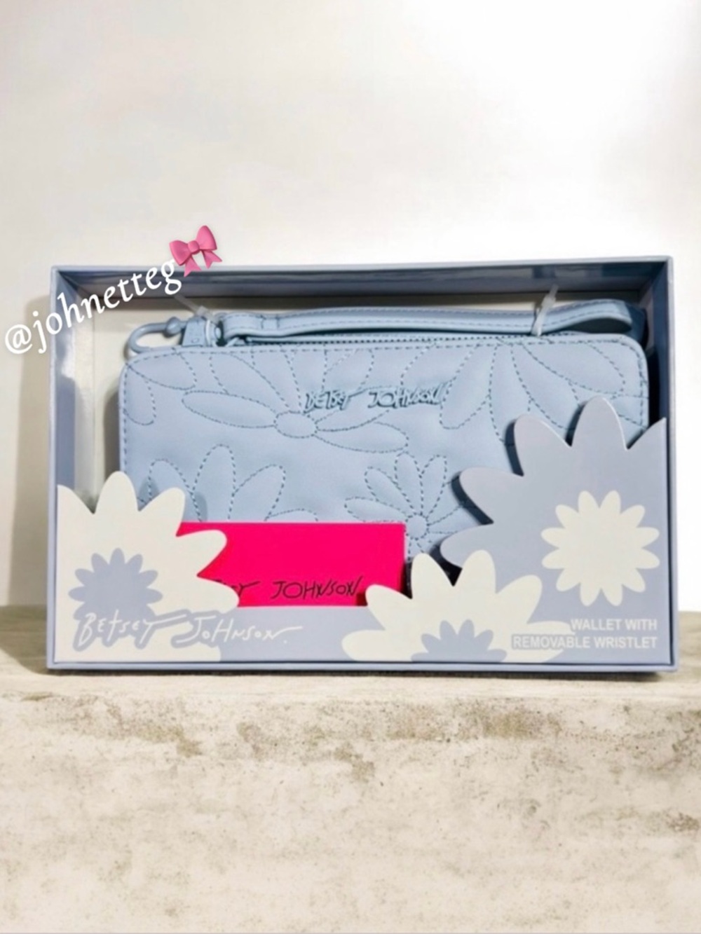 BETSEY JOHNSON Boxed Light Blue Quilted Floral Zip Around Wallet With Wristlet